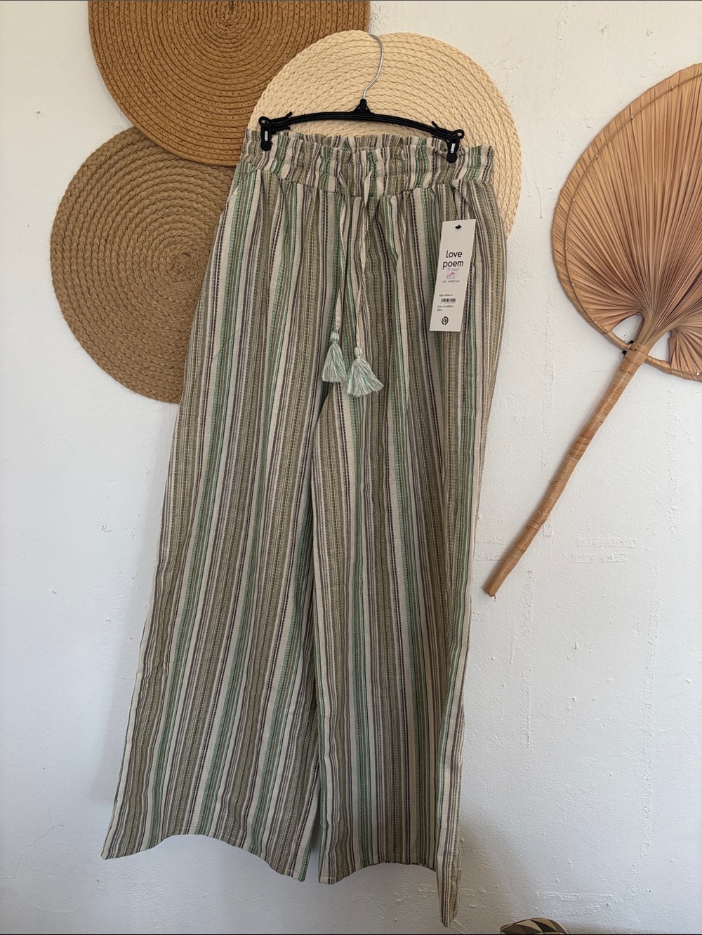 Striped Olive & Cream Wide-Leg Drawstring Pants